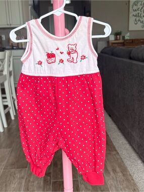 Vintage Red and White Polka Dot Baby Romper with Bear Apple Embroidery